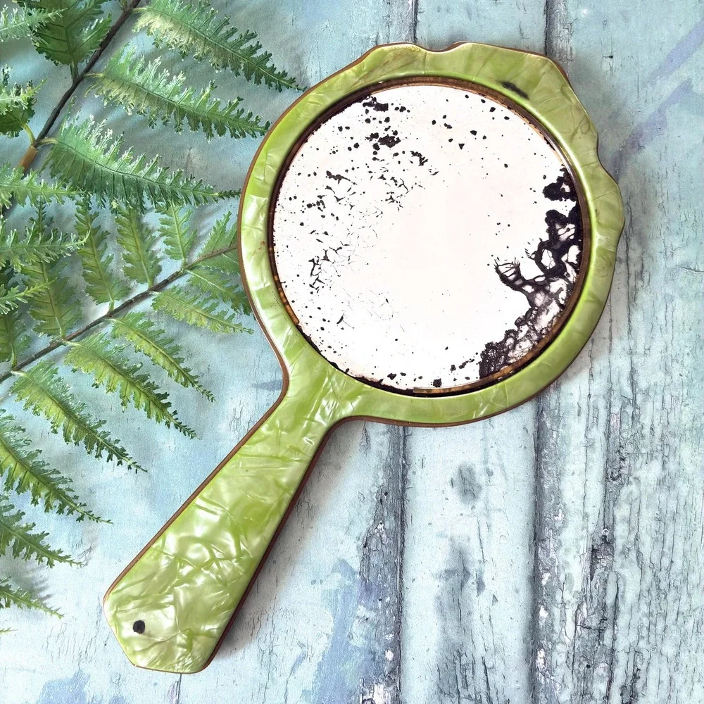 Vintage Heavy Jade Marbleized‎ Hand Mirror, Beveled Glass, 1940s Vanity Decor